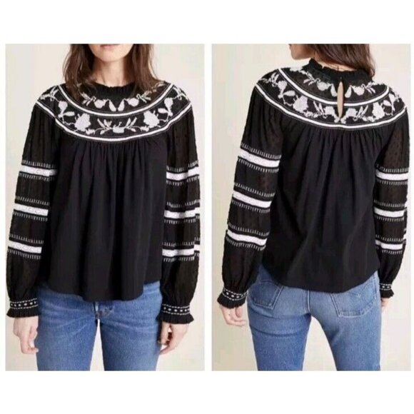 Anthropologie Maeve Winona Lace Blouse Black Boho Peasant Embroidered Women Sz M - Picture 1 of 12